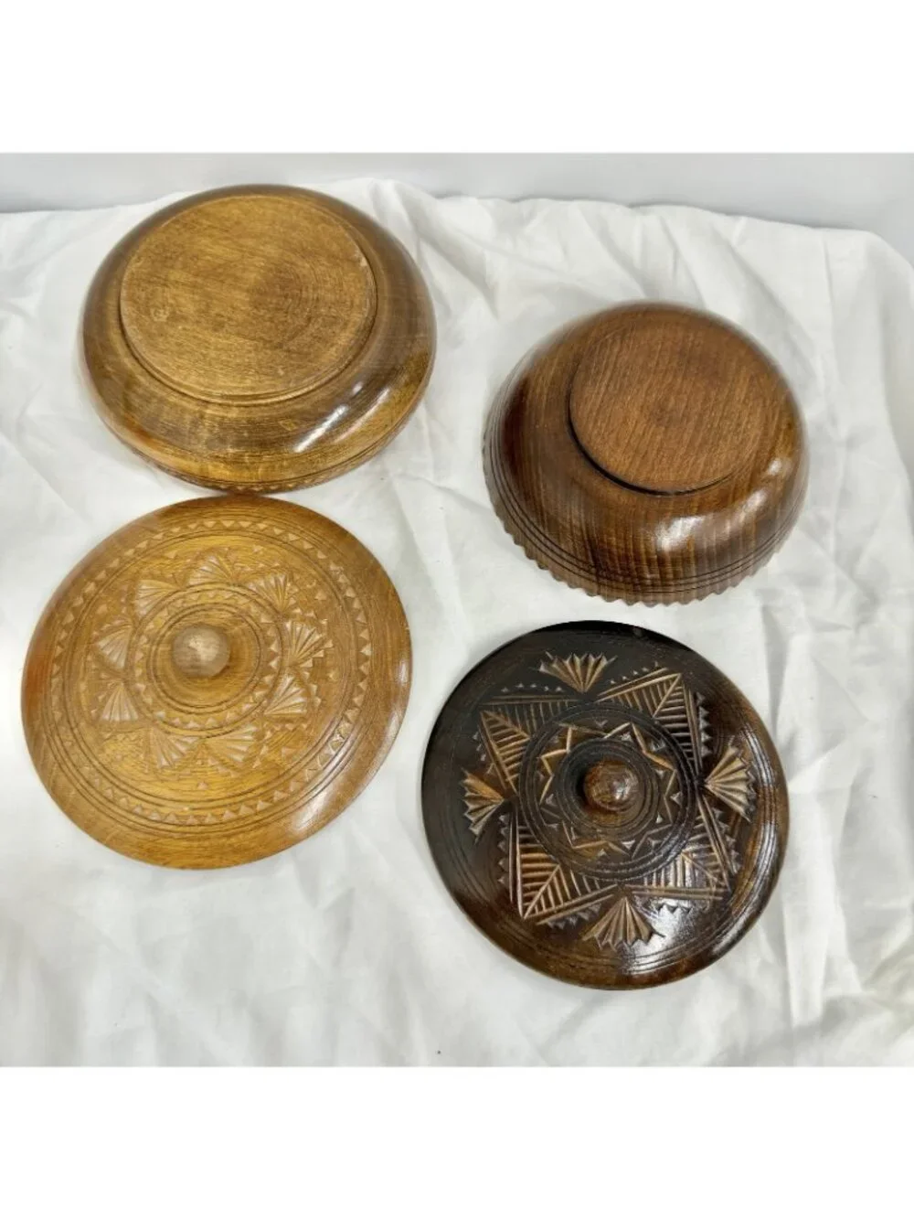 Lot of 2 Vintage Hand Carved Wooden Lidded Trinket Boxes Rustic Folk Art Boho